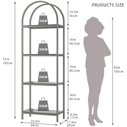 Kogven Arched Industrial 4-Tier Bookcase with Metal Frame - 72" Tall Freestanding Storage Rack in Black - WoodArtSupply