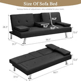 Futon Sofa Bed Modern Folding Couch for Small Space, Faux Leather Convertible Loveseat Sleeper Bed Daybed Recliner Lounge Sofas for Living Room,2 Cup Holders,Metal Legs,Removable Armrests (Black) Anwick