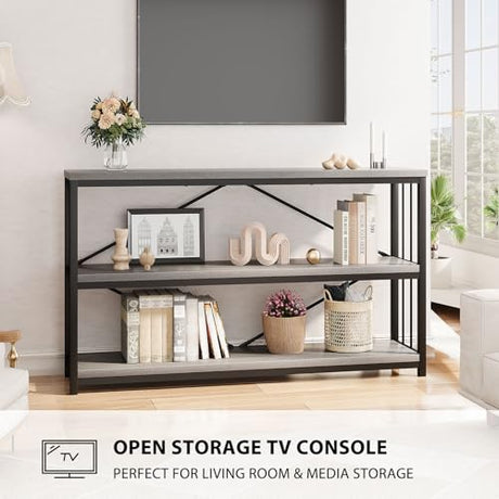 LVB Farmhouse Entryway Table, Metal Wood Console Table for Hallway, Industrial Rustic Sofa Table with 3-Tier Storage Shelf, Modern Entry Table for Foyer Front Home Living Room, Light Grey Oak, 47 inch LVB