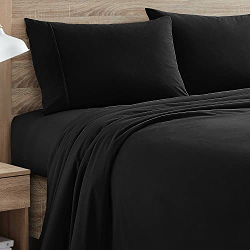 Flannel Sheets Warm and Cozy Deep Pocket Breathable All Season Bedding Set with Fitted, Flat and Pillowcases, King, Black Sweet Home Collection