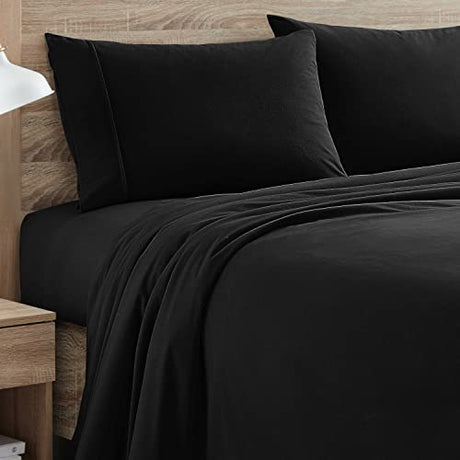 Flannel Sheets Warm and Cozy Deep Pocket Breathable All Season Bedding Set with Fitted, Flat and Pillowcases, King, Black Sweet Home Collection