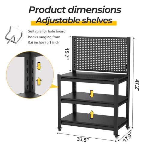 Work Bench with Pegboard,Heavy Duty Workbench with Wheels Adjustable Shelves,Tool Cart,Work Table for Garage Warehouse47.2 H*33.46" W*18" D PLMFJQK