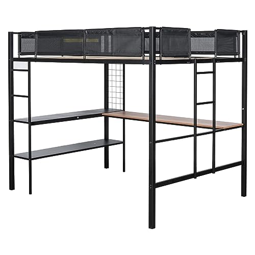 Adigyco Sturdy Metal Loft Bed with Built-in Desk, Shelves & Textilene Guardrails - Black - WoodArtSupply