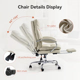 LEAGOO Office Chair with Foot Rest, Ergonomic Executive Office Chair with Arms, Reclining High Back PU Leather Comfy Swivel Computer Desk Chairs with Wheels and Lumbar Support for Home Office, Cream LEAGOO