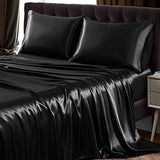 SiinvdaBZX 4Pcs Extra Deep Pocket Satin Sheet Set Queen Size, Ultra Silky Soft Black Satin Queen Bed Sheets Deep Fitted Sheet Set Fits 18-24 Inch Deep Pocket Mattress SiinvdaBZX