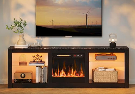 Bestier 63 Inch Modern Fireplace TV Stand for TVs up to 70", LED Entertainment Center with 18" Electric Fireplace Media Console for Living Room with Glass Shelves, Black Marble Bestier