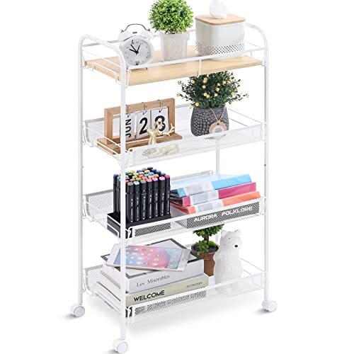 KINGRACK 4-Tier Rolling Cart,Metal Utility Cart with Wooden Tabletop,Easy Assemble Mobile Storage Trolley On Wheels,Craft Storage Cart for Bedroom Kid's Room Office Kitchen Bathroom,White KINGRACK
