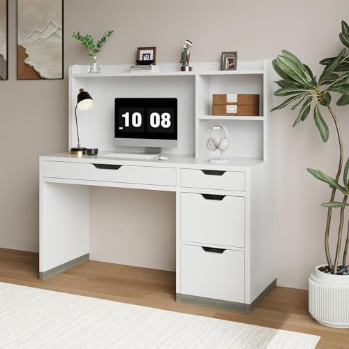 MaverickFurni White Desk with Hutch and Drawers, 53 Inch Computer Desk with Storage File Drawer, White Study Desk with 4 Drawers for Bedroom, Small Space MaverickFurni