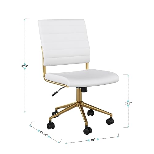 Martha Stewart Ivy Armless Swivel Task Chair for Home Office in White Faux Leather with Polished Brass Frame Martha Stewart