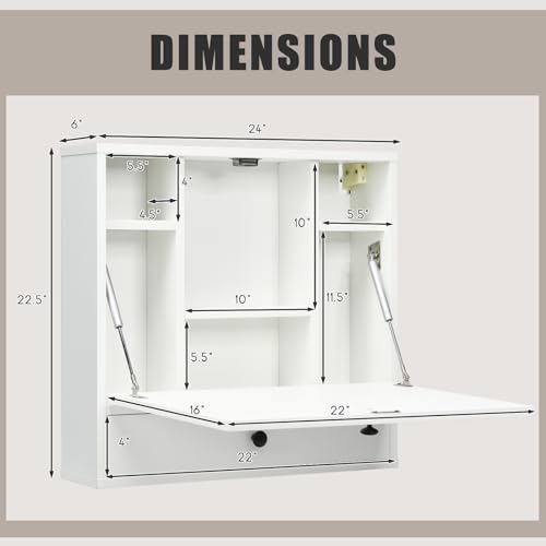 IFANNY Folding Wall Desk, Wood Wall Mounted Desk with Storage Drawer and Shelves, Fold Down Wall Mount Laptop Desk, Corner Floating Desk for Small Spaces (White) IFANNY