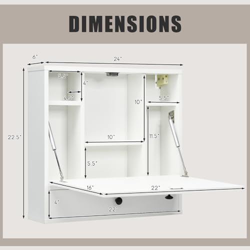 IFANNY Folding Wall Desk, Wood Wall Mounted Desk with Storage Drawer and Shelves, Fold Down Wall Mount Laptop Desk, Corner Floating Desk for Small Spaces (White) - WoodArtSupply