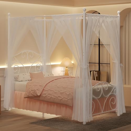 VECELO Metal Canopy Bed Frame Twin Size, 4 Posters Platform Mattress Foundation with Headboard, Heavy Duty Steel Slats Support, No Box Spring Needed, White