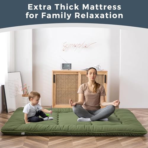 MAXYOYO 6" Extra Thick Japanese Floor Mattress Futon Mattress, Foldable Tatami Pad for Adults, Roll Up Floor Bed for Guest Room Bedroom RV, Green, Queen MAXYOYO