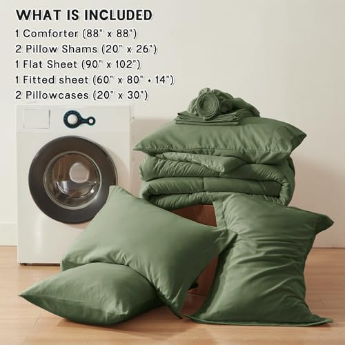 Zzlpp Queen Comforter Set 7 Pieces, Olive Green Bed in a Bag Bedding Set with 1 Comforter, 2 Pillow Shams, 2 Pillowcases, 1 Flat Sheet,1 Fitted Sheet with Pockets Zzlpp