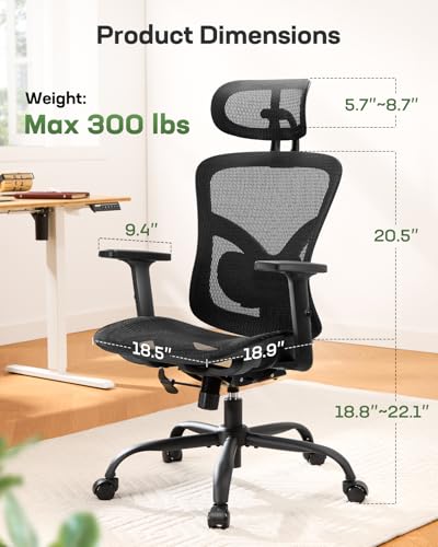 Marsail Ergonomic Mesh Office Chair,Ergonomic Desk Chair with 2D Headrest,Adjustable Lumbar Support & Up and Down Armrest Marsail