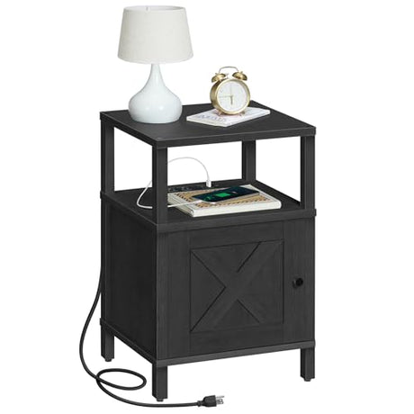 MAHANCRIS Farmhouse Nightstand with Charging Station, Black Bedside Table with USB&Type-C Ports and Outlets, End Table with Storage, Night Stand for Bedroom, Black ETBK96E01 MAHANCRIS