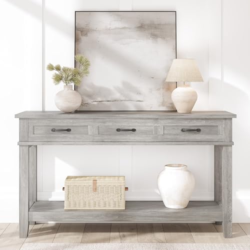 GarveeHome Entryway Table, Console Table with 3 Storage Drawers, 3 Tier Farmhouse Wooden Sofa Table, Hallway Tables for Entryway, Living Room-Grey GarveeHome