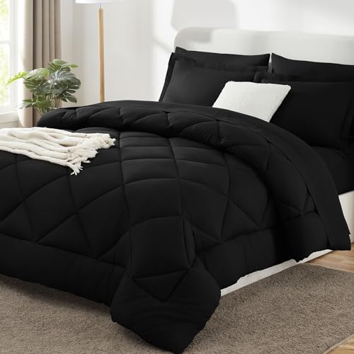 CozyLux Full Size Comforter Sets Black - 7 Pieces Bed in a Bag Full, Luxury Soft Bed Set for All Seasons, Bedding Set with Down Alternative Comforter, Sheets, Pillowcases & Shams CozyLux