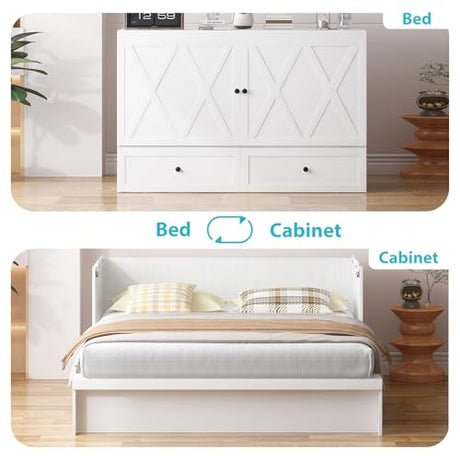 CECER Queen Size Murphy Bed with Tri-Folding Mattress，Murphy Bed with Charging Station and Two Large Storage Drawers for Small Spaces/Bedroom（White）-Mattress Include CECER