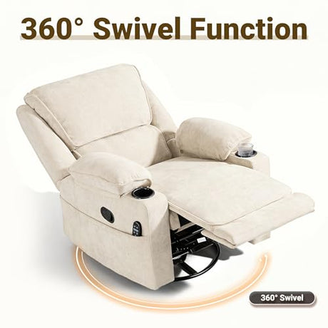 Culect 360° Swivel Rocker Recliner Multi-Functional Nursing Chair with Heating and Massage, Manual Recliner Chair with Cup Holders, Lazyboy Recliner Chair for Living Room and Bedroom, Beige Chenille Culect