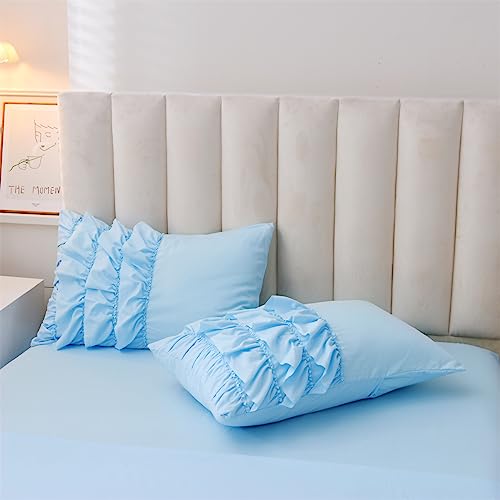 Holawakaka Light Blue Waterfall Ruffle Comforter Set, Full Size Shabby Chic Ruffled Bedding Set for Girls Women, Kids Teens Ruched Dorm Bed Set 3 Pieces Holawakaka