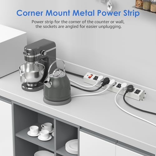 CCCEI Corner Mount Angle Power Strip, Under Cabinet Heavy Duty 8 Outlets Power Strip 20Amp, Metal Underneath Desk Plug Surge Protector, Wall Mountable, for Garage, Shop, Kitchen, 6FT Extension Cord. CCCEI
