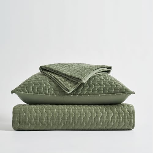 EVERGRACE Luxury Velvet Quilt Set Queen Size 3 Piece, Soft Cross-Stitch Velvet Comforter Set with Pillow Shams, Lightweight Coverlet Bedspread Bedding Set for All Seasons, Loden Green EVERGRACEHOME