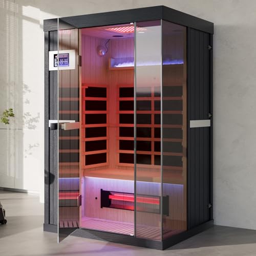 OnxyEdge 2-Person Full Spectrum Infrared Sauna, Himalayan Salt Rocks Plus 12 * 12" Red Light Therapy & 2 Built-in Speakers, 2000W - 120V Indoor Hemlock Dry Sauna with Dual LED Controls for Home & Gym EXTRAFEIN