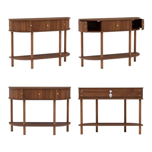 XUZENEST 43.3“ Fluted Half Moon Console Table, Modern Entryway Console Sofa Table with Storage, Narrow Wood Accent Tables Behind Couch Tables for Living Room, Hallway, Foyer(Walnut) XUZENEST