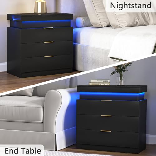 Night Stand with Charger Station and LED Lights,3 Drawers Nightstands with Sliding Top,Modern Bedside Table with Storage,Wooden End Table for Multiple Scenarios (Black) VERYKE