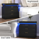 Night Stand with Charger Station and LED Lights,3 Drawers Nightstands with Sliding Top,Modern Bedside Table with Storage,Wooden End Table for Multiple Scenarios (Black) VERYKE