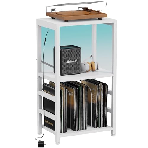 YAKANJ End Table with LED Light,Record Player Stand with Albums Storage,Vinyl Records Storage,Turntable Stand Side Table for Music Room Studio Living Room Bedroom-Rustic White YAKANJ