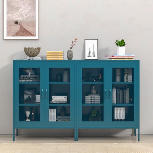 Chshin Blue Metal Cabinet,Metal Storage Cabinet,Metal Locker Storage Cabinet with 2 Mesh Doors and Adjustable Shelves,Metal Sideboard,Mesh Storage Cabinet for Home,Office,Kitchen.(40" H)