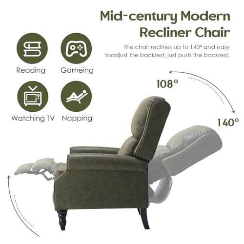 FHUKMZOI Leather Recliner Chair, Pushback Recliner Chair with Adjustable Backrest Footrest, Mid-Century Modern Living Room Reclining Chairs with Lumbar Support for Reading Bedroom (Dark Green)