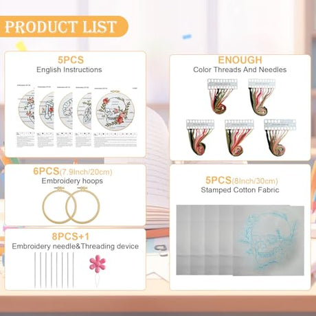5 Sets Skull Embroidery Kits for Beginners Adults, Anatomy Embroidery Starter Kit for Doctors Nurses Christmas Gifts with Floral Stamped Pattern DIY Needlepoint Kit Cross Stitch Set Includes 2 Hoops CMINAUS