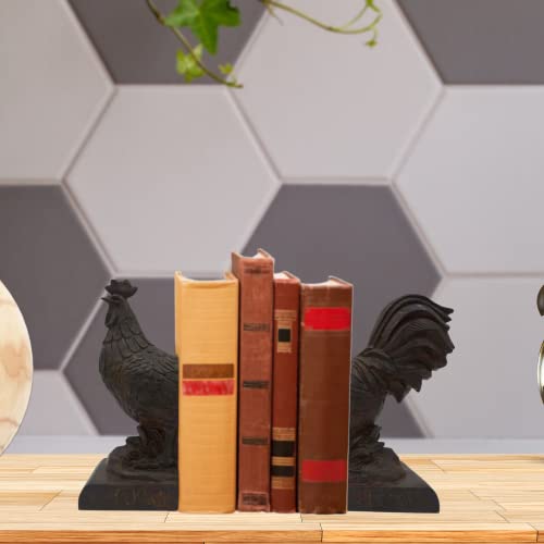 Comfy Hour Farmhouse Collection 9" Length 6" Height Set of 2 Rooster Design Art Bookends, 1 Pair, Antique Style, Heavy Weight, Rusty Effect, Polyresin