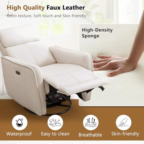 HAOMARKETS Electric Swivel Rocker Recliner Chair, Power Faux Leather Glider Rocking Recliners for Adults,360° Swivel Nursery Reclining Sofa with USB Charging Port, White HAOMARKETS