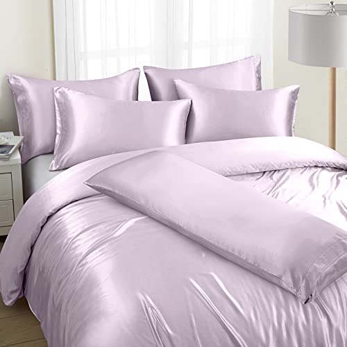 Ersmak 6 Pieces Satin Duvet Cover Full/Queen Size Luxury Silky Bedding Duvet Cover Set with 1 Soft Duvet Cover, 4 Queen Pillowcases and 1 Body Pillowcase, Lavender Ersmak