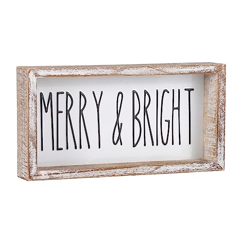 FESTWIND Farmhouse Christmas Decor, Merry and Bright Block Sign for Shelf, Mantel, Farmhouse Christmas Decorations for Home, Embossed Metal With Wood Frame FESTWIND