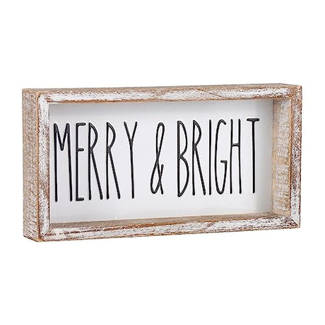 FESTWIND Farmhouse Christmas Decor, Merry and Bright Block Sign for Shelf, Mantel, Farmhouse Christmas Decorations for Home, Embossed Metal With Wood Frame FESTWIND