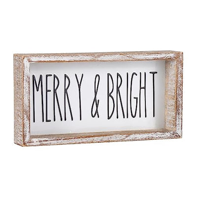FESTWIND Farmhouse Christmas Decor, Merry and Bright Block Sign for Shelf, Mantel, Farmhouse Christmas Decorations for Home, Embossed Metal With Wood Frame