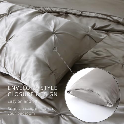 Setguopal Satin Comforter Set King Size, 3-Piece Light Grey Pinch Pleat Bedding Sets, Comforter, Pillowcases, Offering Exceptionally Soft and Smooth Comfort for All Season Use Setguopal