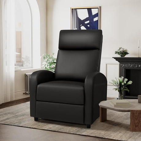Rankok Recliner Chair Modern PU Leather Reclining Chair Ergonomic Adjustable Recliner for Living Room Home Theater Seating Single Sofa (Black) Rankok