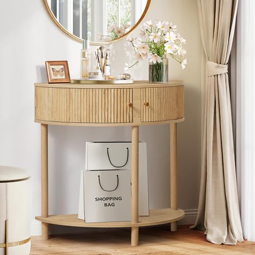 XUZENEST Fluted Half Moon Console Table, Modern Small Entry Table Sofa Table with Storage, Solid Wood Legs Narrow Entryway Table for Living Room, Hallway, Foyer(Natural) XUZENEST