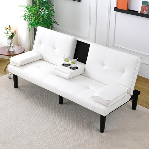 AnoYishev Futon Sofa Bed PU Leather Modern Convertible Futon Couch with Removable Armrests, Cup Holders, Loveseat Sleeper Sofa Bed for Living Room, Apartment, Small Spaces (White) AnoYishev