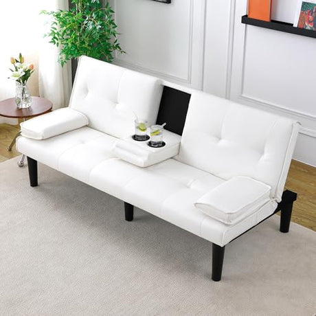 AnoYishev Futon Sofa Bed PU Leather Modern Convertible Futon Couch with Removable Armrests, Cup Holders, Loveseat Sleeper Sofa Bed for Living Room, Apartment, Small Spaces (White) AnoYishev