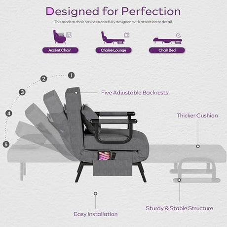 TYBOATLE Sleep Chair Bed, Comfy Convertible Sleeper Chairs for Adults, 5 in 1 Folding Sofa Bed with Adjustable Backrest & Side Pockets & Pillow, Cozy Small Couch for Small Spaces, Office (Dark Grey) TYBOATLE
