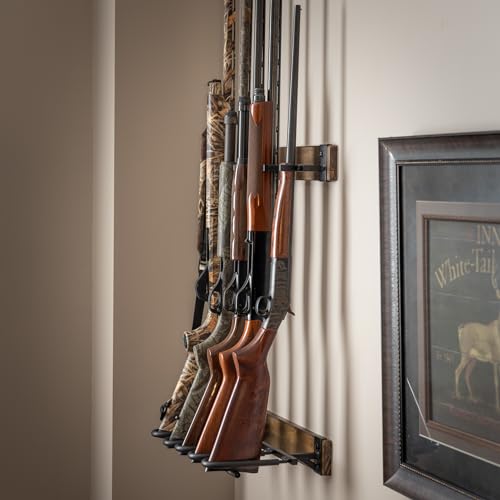 Indoor 5 Gun Rack for Wall, Rifle Rack and Shotgun Wall Mount, Rustic Wood and Solid Steel Supports up to 100 lbs, Vertical Gun Rack Wall Mount for - WoodArtSupply