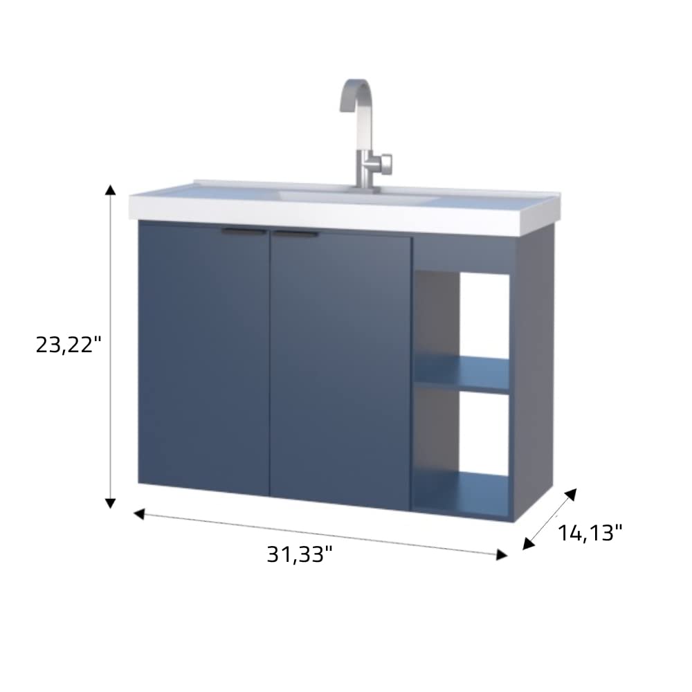 COZIMAX Vanity Jazz 32 inches - Floating Bathroom Vanity and Cultured Marble Sink with Soft Close Door (Blue) COZIMAX