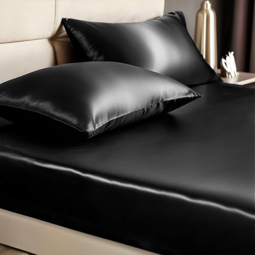 BEDELITE Satin Fitted Sheet and Pillowcases Set, Luxury Soft Similar to Silk Bottom Bed Sheet with Elastic Corner Straps, Deep Pocket up to 15 Inch, 1 Fitted Sheet and 2 Pillowcases(King, Black) BEDELITE